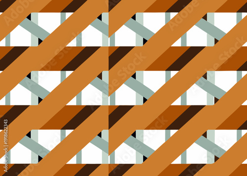 Diagonal bands of orange and brown interweave in a complex geometric.