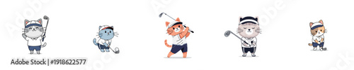 Cute Cats playing golf sport characters flat vector collection