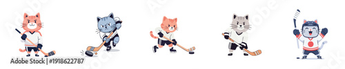 Cute Cats hockey sport action characters flat vector collection