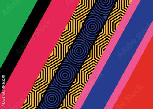 A diagonal seamless pattern contains green black red and pink bands with a central yellow fretwork pattern and blue concentric circles.