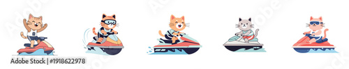 Cute Cats jet ski adventure water activity flat vector collection