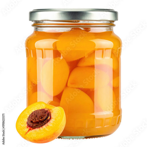 Preserved Peach Halves in Glass Jar with Metal Lid and Fresh Peach
