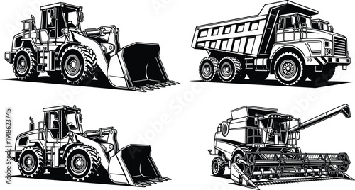 Heavy Construction and Agricultural Machinery Set Featuring Wheel Loader Dump Truck and Combine Harvester Detailed Black and White Vector Illustration Collection