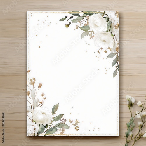 Blank funeral flyer mockup design. Watercolor floral border. Empty space for text. Light wood background. Perfect for printing memorial service announcements. Simple elegant template. Funeral program