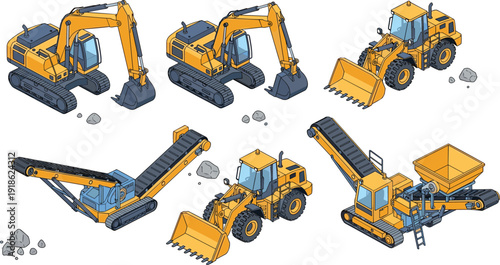 Heavy Construction Machinery Set with Excavators Loaders and Conveyor Equipment Vector Illustration Isolated on White Background for Mining and Industrial Design