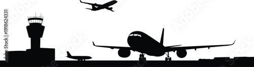 Airport Scene With Airplanes and Control Tower Silhouettes vector