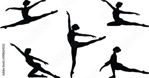Collection of five black silhouettes of ballerinas in various graceful dance poses ballet dancer