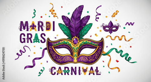 Vibrant Mardi Gras carnival celebration featuring colorful masks, confetti, and festive decorations in a lively atmosphere