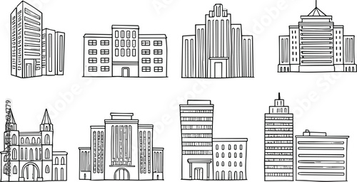 Architectural silhouette illustration of diverse buildings, skyscrapers, classical structures, civic landmarks, creative vector art for cityscape and urban themes