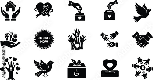 Black and white charity donation icons including hands, hearts, doves, ribbons, boxes, community support, peace, unity and volunteering symbols