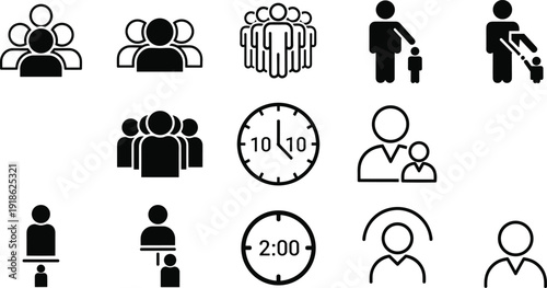 Black and white icons of people, time, and relationships, group dynamics, family figures, clocks, communication, minimalist vector illustration artwork