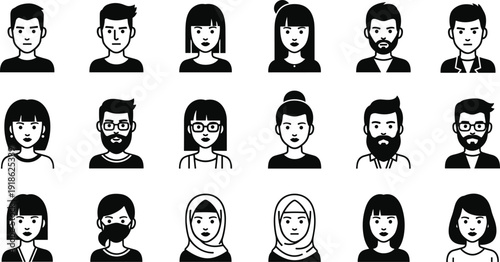 Black and white illustrated avatars of diverse individuals with unique hairstyles, facial features, accessories, glasses, beards, headscarves, minimalistic vector design