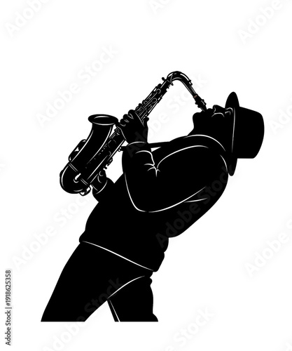Jazz saxophonist silhouette playing music in dramatic black and white high contrast lighting