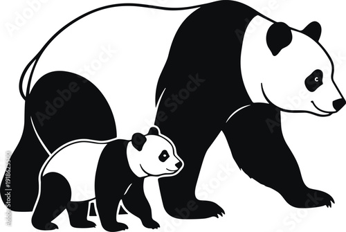 Black and white panda illustration, adult and cub walking side by side, wildlife nature figures design, family relationship concept art