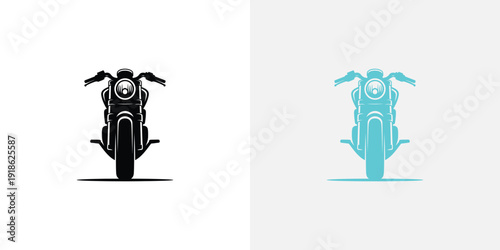 A black and a cyan colored motorcycle with headlights on a white background