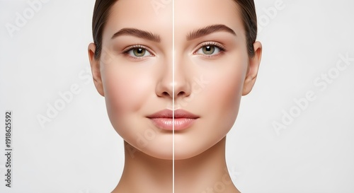 Split face comparison showing facial puffiness and refined V line contour after lymphatic treatment, ideal for beauty device and aesthetic marketing.