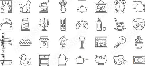 Household Objects and Home Decor Line Icons on White Background Keywords: home, household, objects, decor, icon, symbol