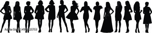 Lineup of thirteen diverse female fashion silhouettes in elegant attire woman model
