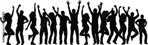 Black silhouettes of people celebrating with raised arms, jumping, dancing, joyful poses, symbolizing unity, festivity, excitement and communal happiness