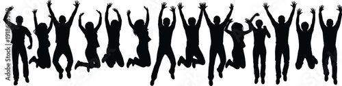 Black silhouettes of people jumping with raised arms, joyful poses, energetic celebration, unity, freedom, excitement and expressive movement design