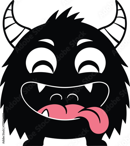 Cartoon furry monster with striped horns, playful tongue, wide smile, whimsical design, humorous character, fun Halloween vector illustration artwork