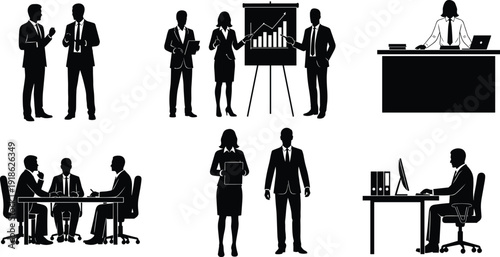 Business people silhouettes set for office work, meeting, presentation, desk work, corporate team group, professional management
