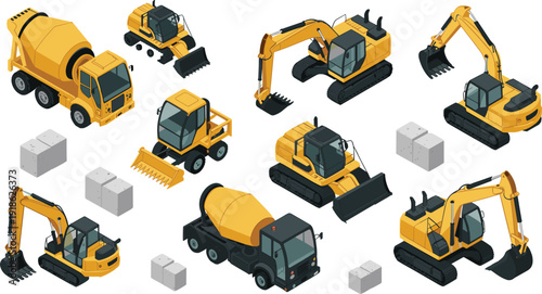 Isometric Construction Vehicles Set with Excavators Bulldozer and Concrete Mixer Truck Vector Illustration Isolated on White Background for Building Industry Design