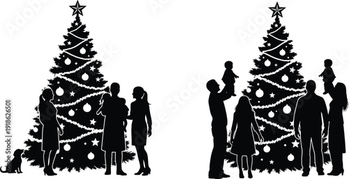 Happy family celebrating Christmas holiday around decorated tree silhouette, professional cad drawing flat vector illustration for winter seasonal festive celebration.