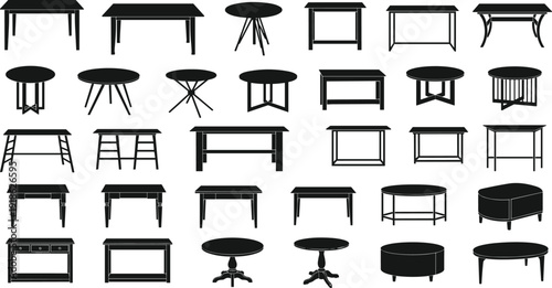 Large set of table silhouettes in various shapes for architectural interior design, furniture plan, and CAD drawing flat vector illustration