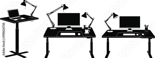 Minimalist Black Silhouette Set of Adjustable Standing Desks with Laptop Monitor Desk Lamp and Office Accessories for Modern Workspace Design and Remote Work Concepts