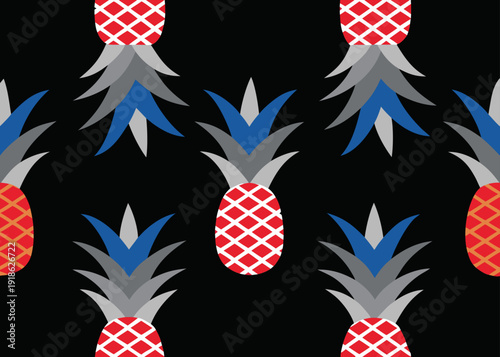 Seamless pattern of stylized pineapples with red bodies and blue grey leaves on black background