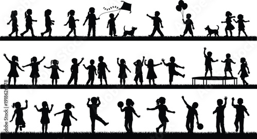 Children silhouettes playing outdoors with balloons, kites, dogs, trampoline, joyful movement, dancing, sports activities, artistic vector illustration design