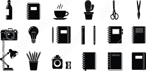 Minimalist Collection of Black Stationery Icons Featuring Notebooks Camera Coffee Cup Lamp and Writing Tools Isolated on White for Office Productivity and Creative Workspace Design