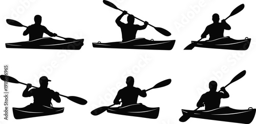 Set of kayak and kayaker silhouettes for outdoor adventure sports, rowing person on water, and CAD drawing flat vector illustration