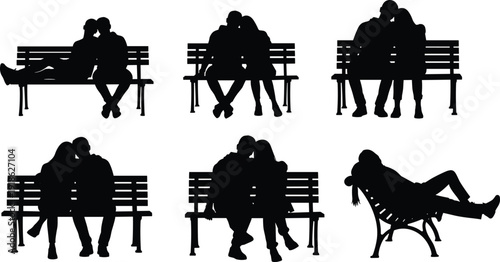 Set of Black Silhouettes Featuring Romantic Couples Sitting on Park Benches Together and a Man Relaxing Alone for Lifestyle and Human Relationship Concepts