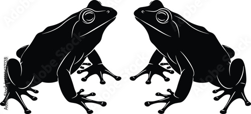 Symmetrical frog silhouettes facing inward, amphibian wildlife vector illustration symbolizing nature balance and ecology, minimalist animal design for environmental concept isolated on white