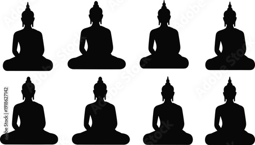 Set of Eight Black Buddha Silhouettes in Meditation Pose Isolated on White Background for Zen Spirituality Mindfulness Yoga and Buddhist Religious Design Projects