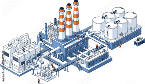 Isometric Industrial Power Plant with Storage Tanks Smokestacks Pipelines and Engineers Modern Energy Production Facility Detailed Vector Illustration Isolated on White Background