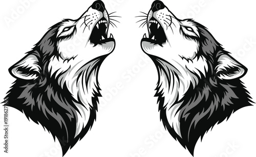 Symmetrical howling wolf heads vector illustration in black and white, fierce wildlife predator design, tribal style animal emblem, mirrored graphic for tattoo logo branding use