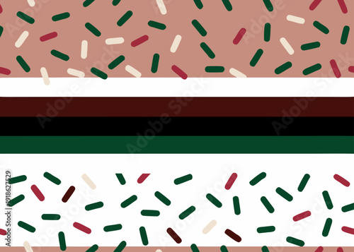 Modern abstract pattern featuring horizontal stripes and scattered sprinkles in earth tones and green
