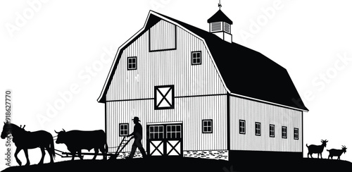 Traditional farm barn with farmer plowing field and livestock silhouettes isolated on white background, rural agriculture scene, countryside life illustration for farming, ranch branding and rustic