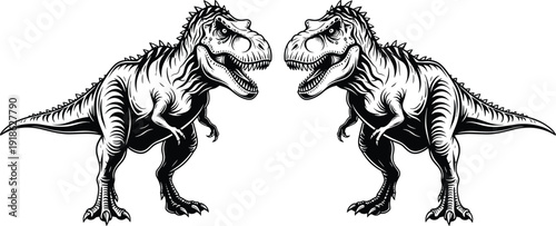 Twin Tyrannosaurus rex dinosaur illustration facing each other, detailed prehistoric predator vector design symbolizing power, danger and Jurassic era wildlife isolated on white background