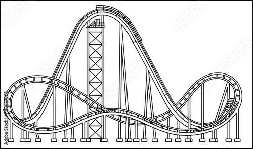 Detailed roller coaster line drawing with loops, steep drops, sharp turns, engineering structure, amusement ride design, artistic vector illustration