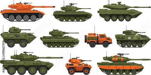 Military Armored Vehicles and Battle Tanks Collection Featuring Infantry Fighting Vehicles and Tactical Transport Vector Illustration Set Isolated on White Background