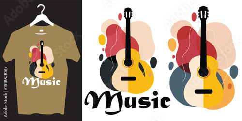 Abstract guitar and 'Music' text vector illustration for t-shirt design. Features two acoustic guitars with fluid, organic shapes in a warm, earthy color palette of yellow, red, and blue.