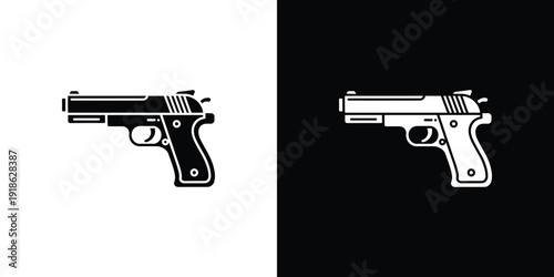 A black and white illustration of two handguns on split colored backgrounds