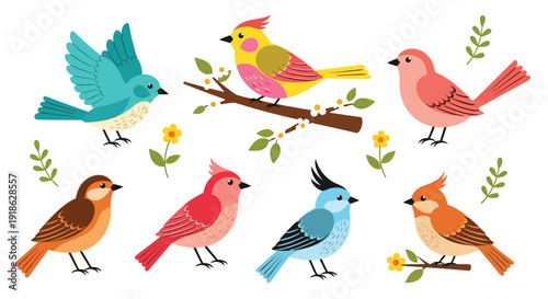 Collection of colorful and whimsical cartoon songbirds featuring various poses and bright plumage perched among delicate floral spring branches and leaves.