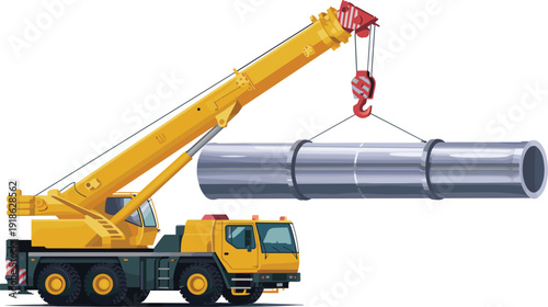 Mobile Telescopic Crane Truck Lifting Large Steel Pipe with Hook Industrial Construction Machinery Isolated on White Background for Heavy Engineering Project