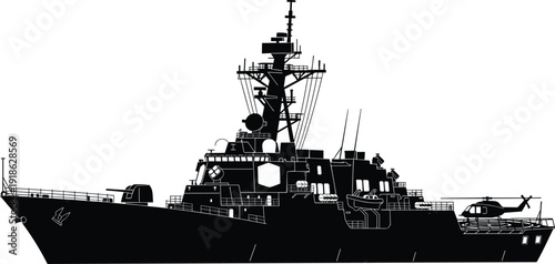 Modern Naval Warship with Military Helicopter Silhouette Vector Illustration Isolated on White Background for Navy Defense and Maritime Security Design