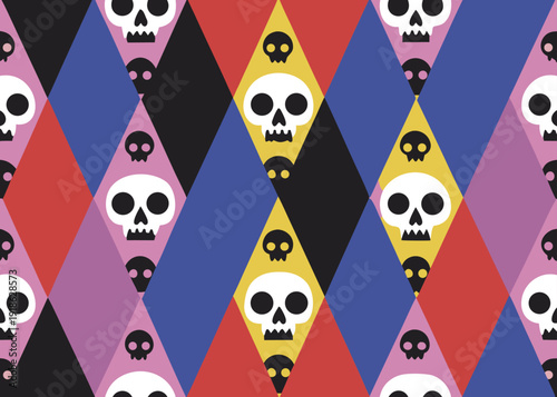 Seamless harlequin pattern with colorful diamond shapes and white skull illustrations